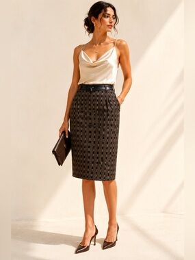 Vintage Equestrian Wool Pencil Skirt Leather Detail Statement Sz Large Petites